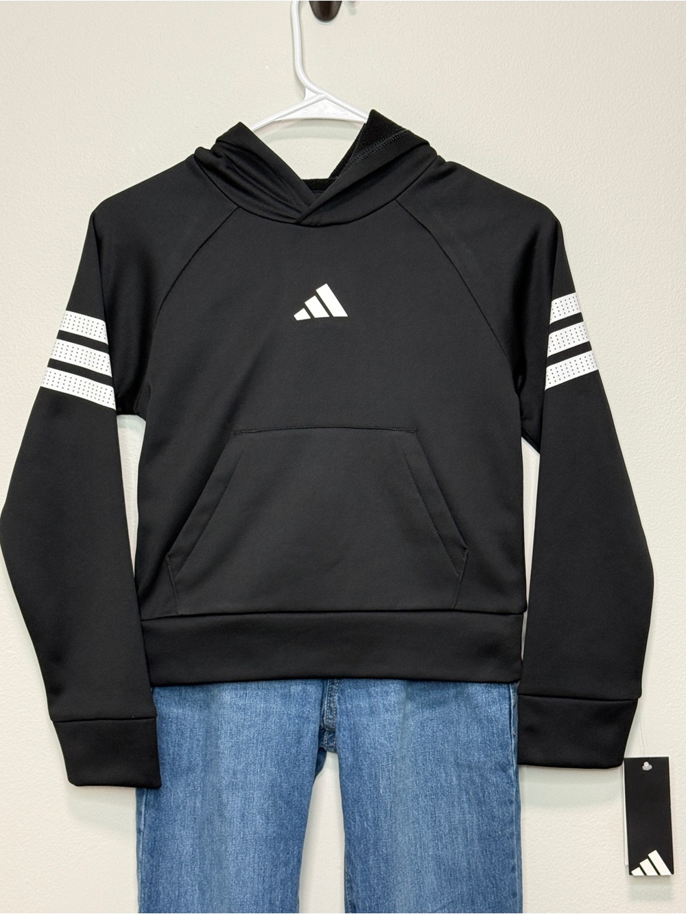 adidas Black Hoodie with White Striped Sleeve Accents